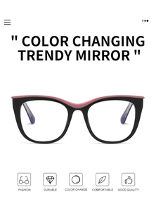 Detail view of cat-eye frames with color-changing lenses and pink top line accents