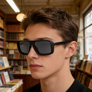 Men's matte black square polarized sunglasses with dark grey lenses shown on model