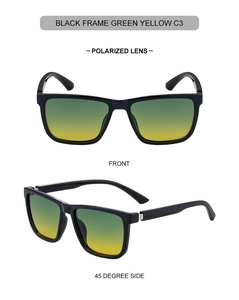 Details der quadratischen Polarisations-Sonnenbrille mit grün-gelben Verlaufsgläsern