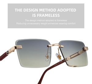 Detail of rimless square sunglasses with gradient lenses and wood grain temples