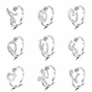Silver adjustable crystal alphabet open rings featuring letters A-I with shiny zircons