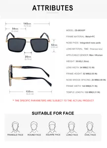 Detailed size chart and dimensions guide for polarized retro double-bridge sunglasses
