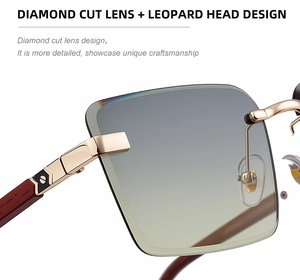 Detail of diamond cut lens and golden leopard head design on rimless sunglasses