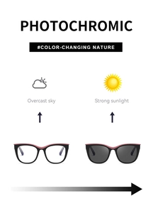 Cat-eye photochromic sunglasses showing lens color change from light to dark in sunlight