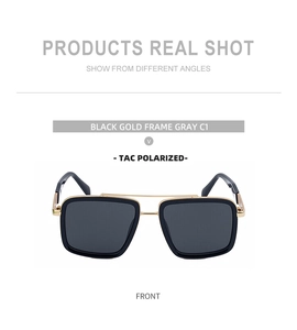 Front view of black and gold pilot sunglasses with TAC polarized gray lenses