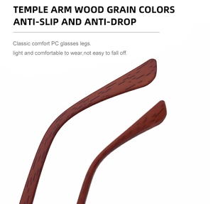 Detail of faux wood grain PC temples for square sunglasses with anti-slip texture