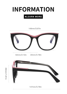 Detailed size specifications for cat-eye glasses frame with 149mm width dimensions