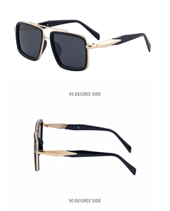 Detail view of retro square frame sunglasses showing 45 and 90 degree side metal accents