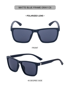 Detailansichten der mattblauen polarisierten Sonnenbrille mit grauen Gläsern und Scharnier