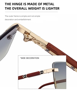 Detail showing the durable metal hinge and elegant wood grain pattern on the sunglasses arm