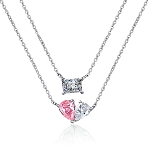 Double layered silver heart and rectangular zircon pendant necklace for women