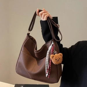 Women Large Capacity Shoulder Bag Retro Pebbled PU Leather Hobo Bag With Cute Bear Charm Adjustable Strap For Commute