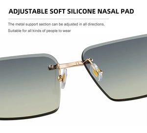 Detail of adjustable soft silicone nose pads on gold metal rimless square sunglasses
