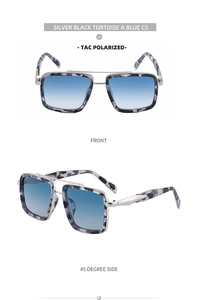 Detail of silver black tortoise sunglasses with double bridge and polarized blue lenses