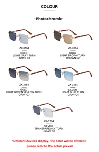 Close-up of photochromic rectangular sunglasses with wood grain temples in five colors