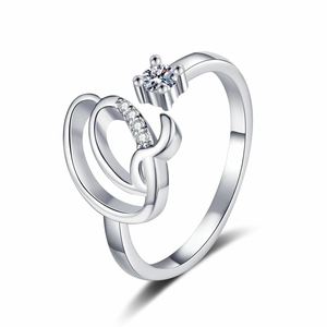 Adjustable silver ring featuring intertwined crystal curves and sparkling round zircon center