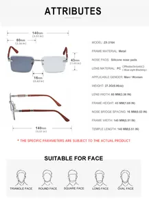 Size chart for model ZX-3164 photochromic glasses with metal frame and PC lens details