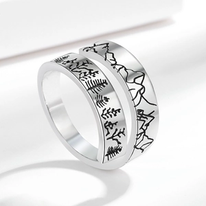 Silver vintage ring with mountain and cedar forest engraving for men and women