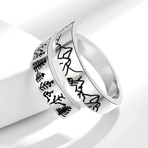 Minimalist silver open ring with black engraved mountain and cedar forest scenery