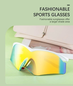 Detail of white half-frame sports sunglasses with large rainbow gradient mirrored lenses