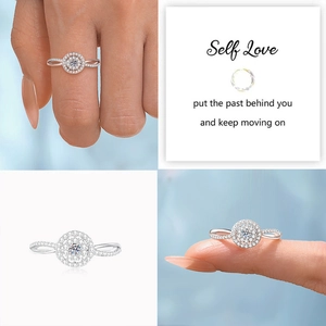 Detailed views of a sparkling halo ring with infinity band and self-love greeting card