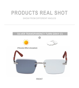 Detail of square photochromic lenses changing from clear to grey with silver frame