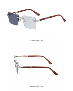 Rectangle rimless sunglasses with wood texture temples shown in 45 and 90 degree side views