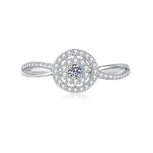 Classic double-halo round diamond ring with pave-set twisted band in white gold finish