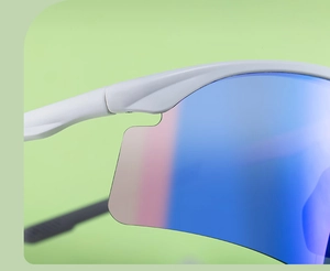 Macro detail of white sports cycling sunglasses frame and colorful gradient lens