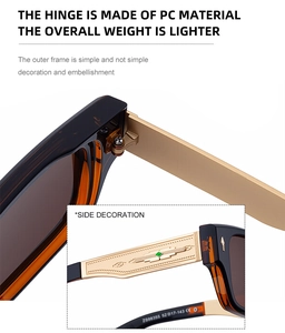 Detail of tortoiseshell sunglasses featuring gold temples with green stone and retro relief