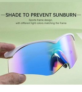 Detail of white semi-rimless cycling sunglasses with blue-purple gradient lenses