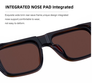 Macro view of integrated nose support on square frame sunglasses for comfort