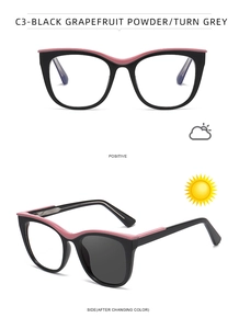 Cat eye photochromic glasses in black and grapefruit pink with metal temple details