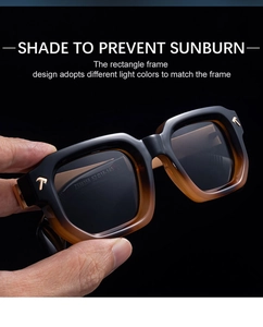 Détail de lunettes de soleil carrées polarisées avec logo T en métal et monture dégradée