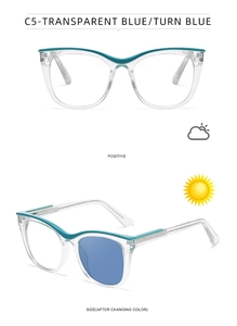 Detailed view of cat-eye frames changing from transparent to blue in sunlight