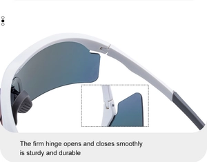 Detail view of durable hinges on white half-frame cycling sunglasses for smooth opening