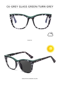 Detail of photochromic cat-eye glasses showing lens color transition to grey