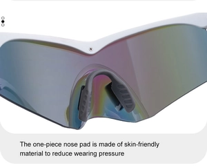Detail of skin-friendly one-piece nose pad on white semi-rimless cycling sunglasses