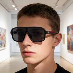 Men's fashion square sunglasses with matte black frames and iconic red stripe detail