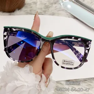 Detail of cat-eye frames with green and marbled purple photochromic blue light lenses