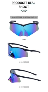 Three angles of black frame cycling sunglasses with blue coating for outdoor sports