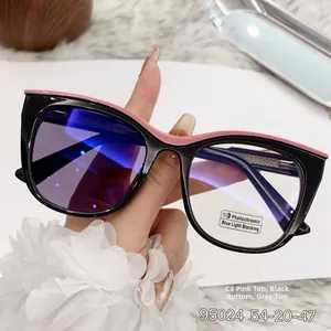 Detail of cat-eye frames showing photochromic lenses transition and anti-blue light coating
