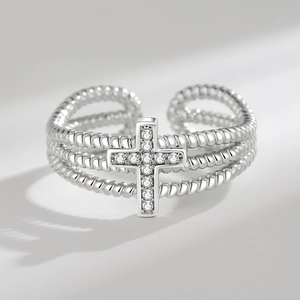 Vintage silver zircon cross ring with triple layered rope texture and adjustable band