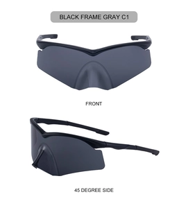 Front and 45-degree side views of black half-frame cycling sunglasses with gray lenses