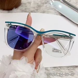 Detail of cat-eye blue gradient frames with photochromic blue light blocking lenses