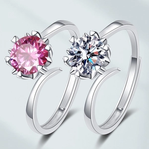 Adjustable Ring Women Copper Silver Plated Moissanite Zircon Round Cut Six Prong Heart Claw Twist Arm Simple Elegant Jewelry