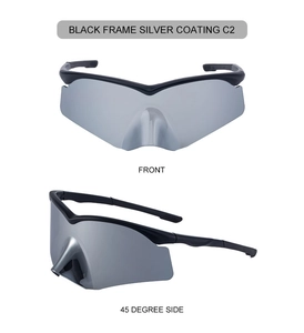 Detail view of semi-rimless cycling sunglasses with silver mirrored lenses and black frame
