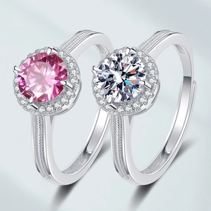 Halo Round Moissanite Ring For Women Cluster Cubic Zirconia Adjustable Open Copper Ring Silver Plated Milgrain Jewelry