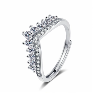Elegant silver crown-shaped zircon ring with adjustable open band and polished finish