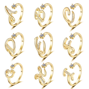 Initial Letter Ring For Women Copper Gold Plated Open Adjustable Alphabet A-Z Inlaid Zirconia Jewelry
